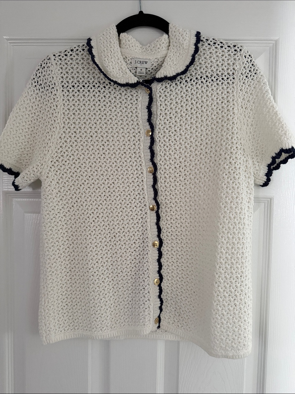 J. Crew Ivory Open-Knit Short Sleeve Cardigan with Navy Trim